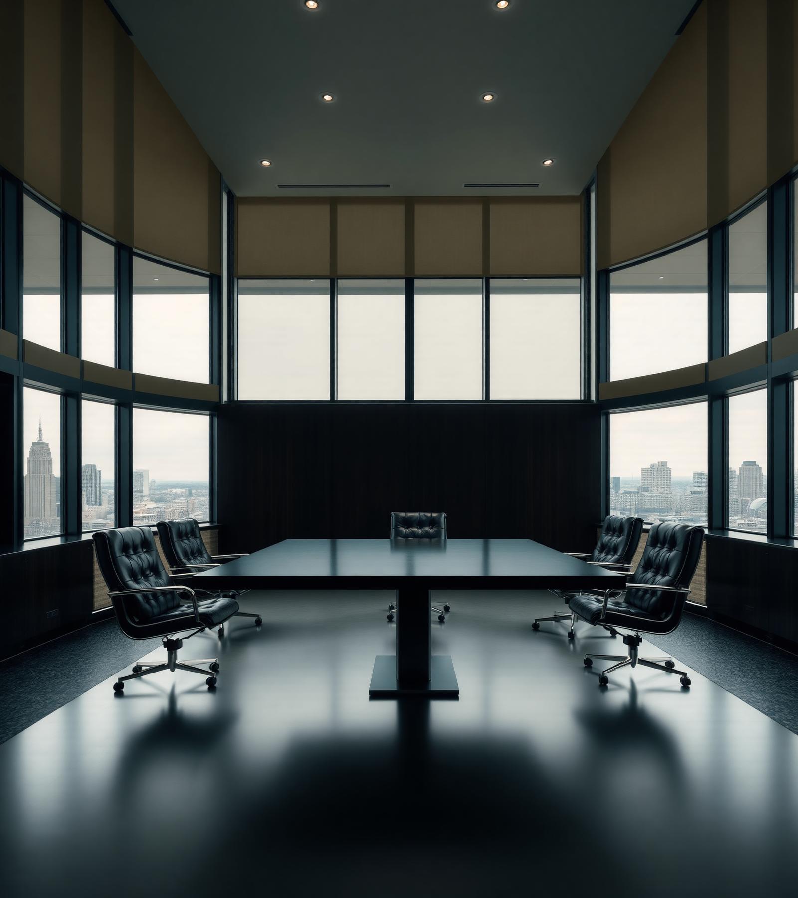 Editorial view of a modern law firm boardroom overlooking a city skyline